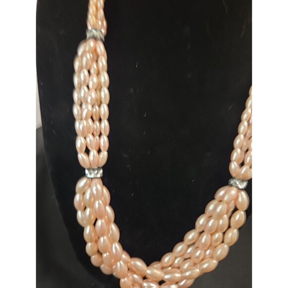 Vintage 5 Strand Faux Pink Pearl Necklace Black & Silver Accents With Earrings - Picture 2 of 7